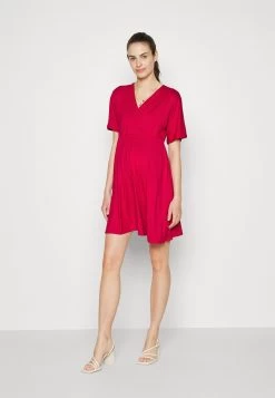 Short Sleeves Flared Mini Dress- Jerseyjurk - Red