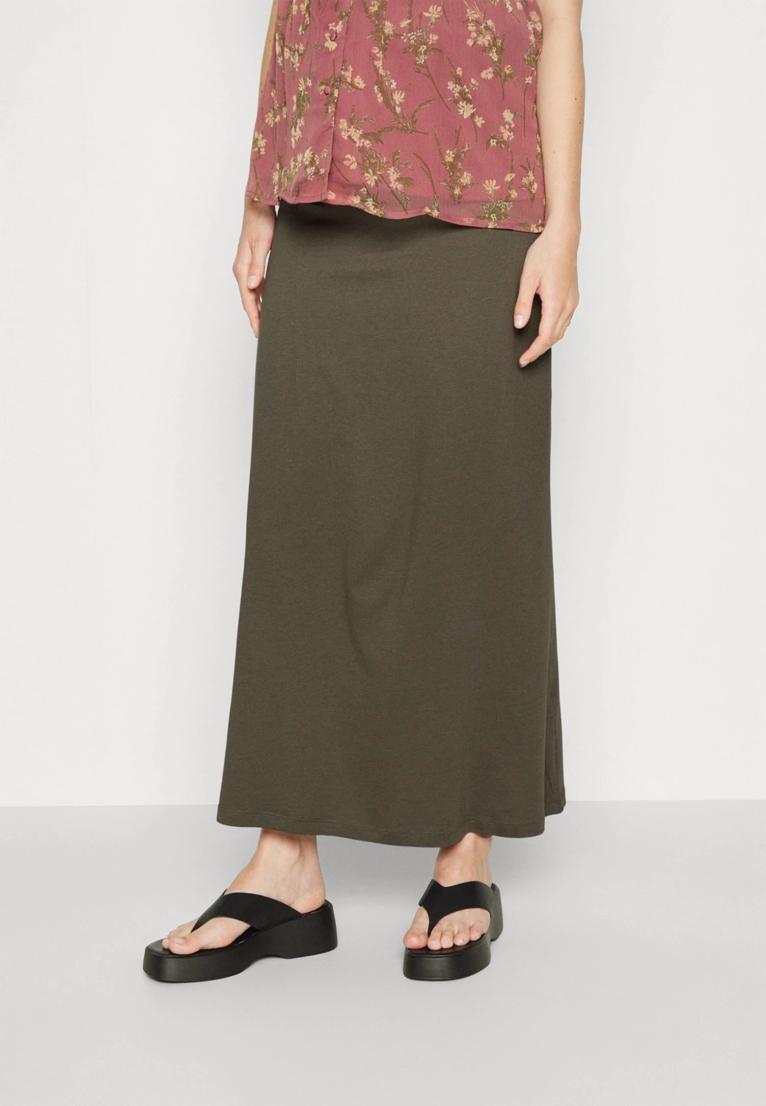 Maternity Maxi Skirt With Drawstring Waistband - Maxirok - 606 - Khaki 1 Maternity Maxi Skirt With Drawstring Waistband - Maxirok - 606 - Khaki